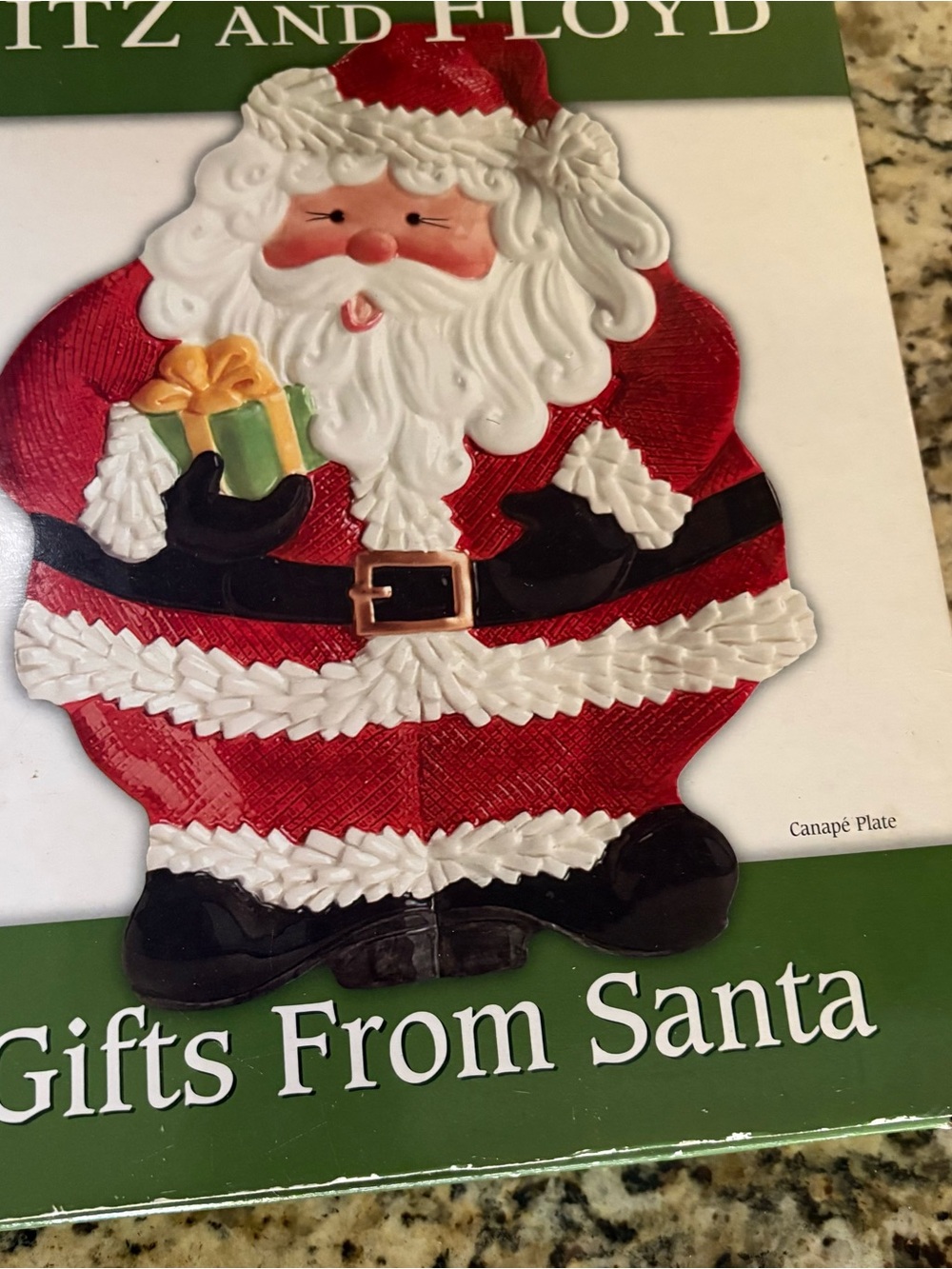 Fitz and Floyd Red Santa Canapé Plate with Green Gift and Gold Accent